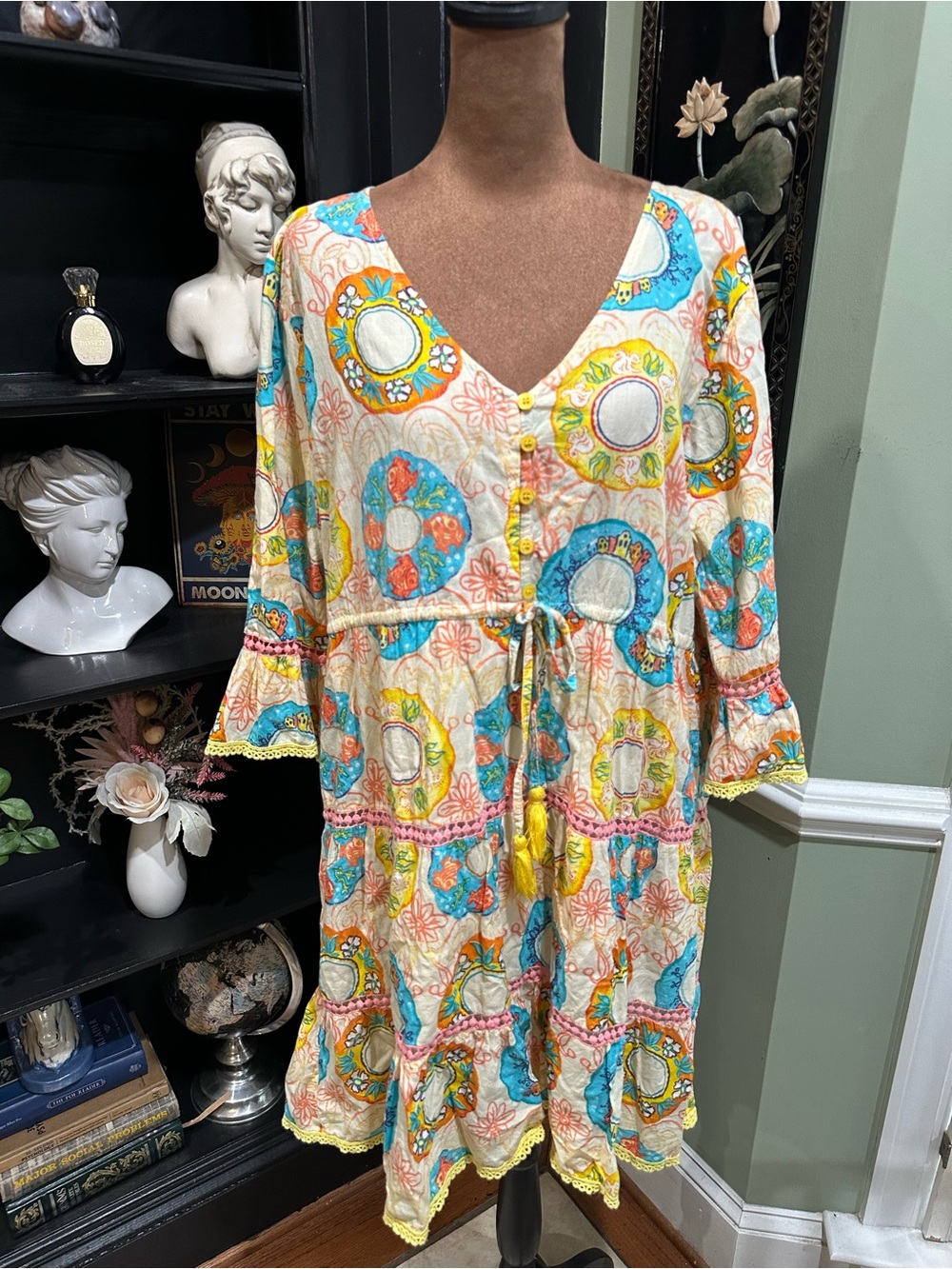 Moda Posa Tiered Cotton Medallion + Fish Print Dress – Size XL